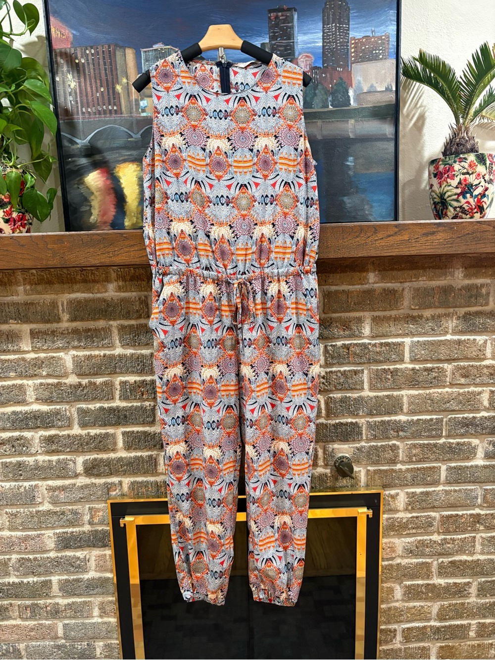 Zara Trafaluc Printed Sleeveless Jumpsuit in Orange, Blue and White